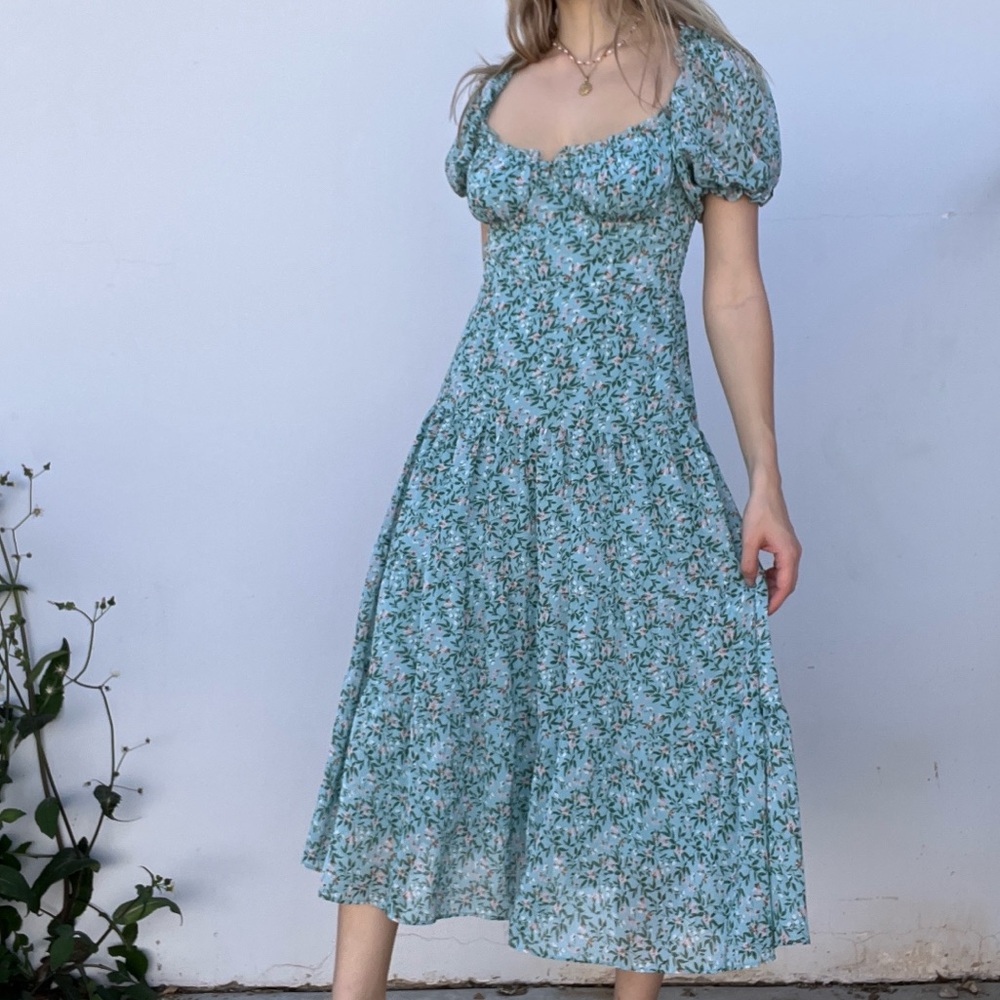 ASTR floral light blue maxi dress, puffy sleeve cottagecore picnic dress